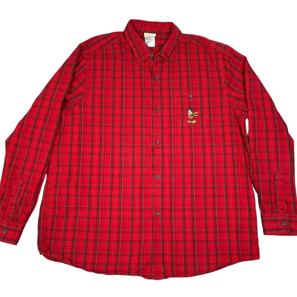 Vintage Disney Store Mens Size L Winter Red Button Up Shirt Mickey Mouse